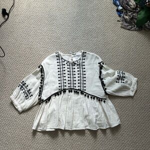 Zara White Embroidered Pom Pom Top